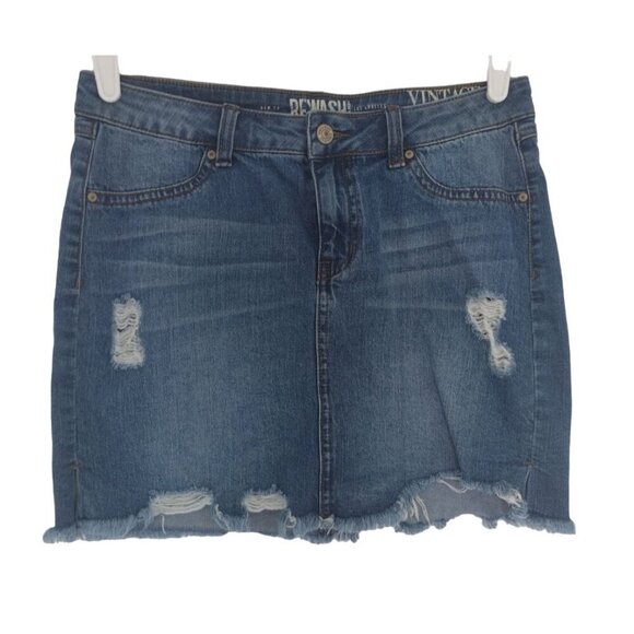 Revash vintage denim cotton mini skirt with frayed and distressed hem, size 7 . - Picture 1 of 8